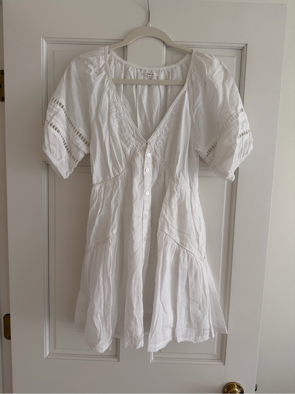 Tularosa White Cotton Mini Dress with Embroidered V-Neck